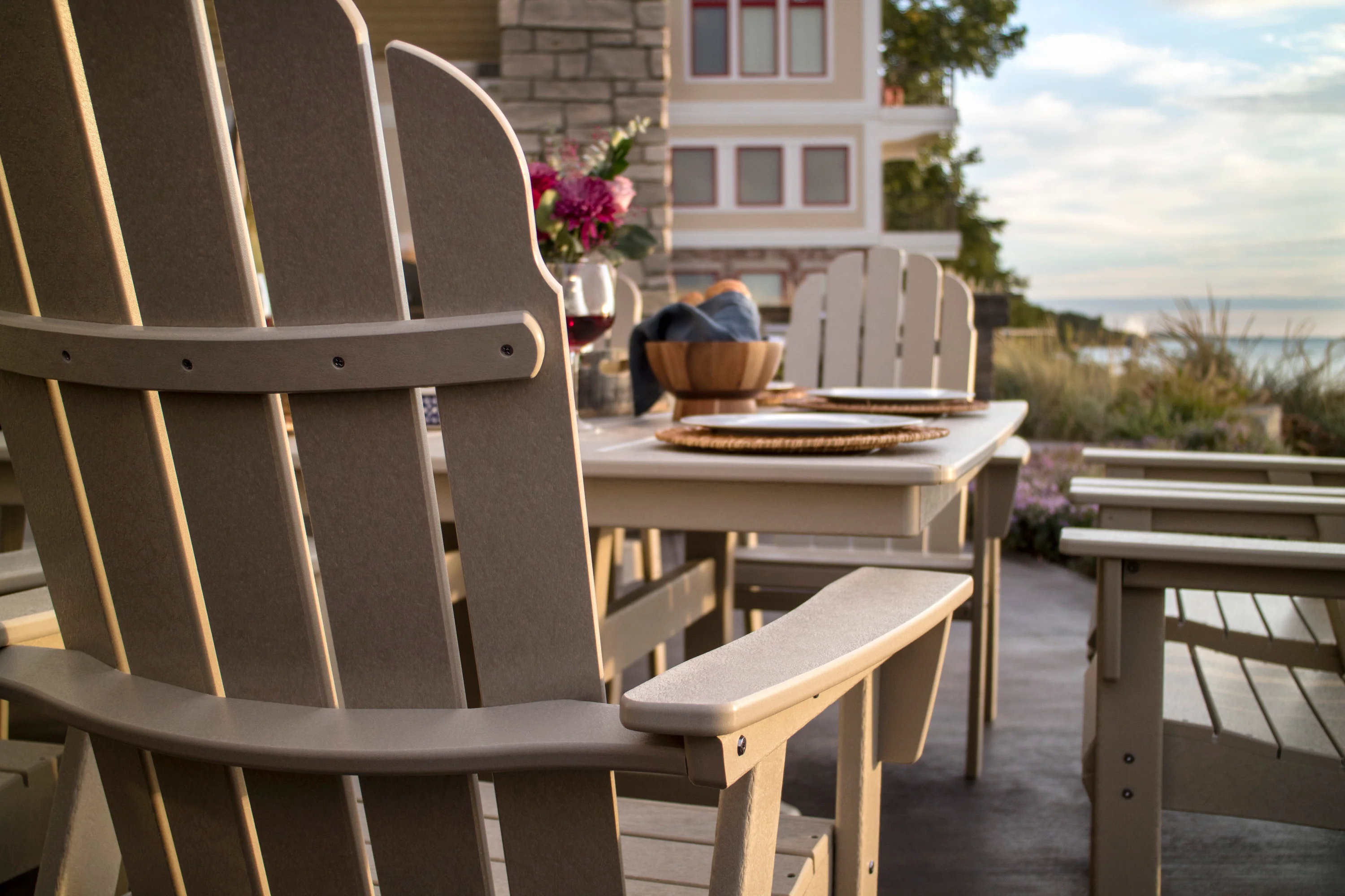 Vineyard Curveback Adirondack 9-Piece Nautical Trestle Dining Set - Image 11