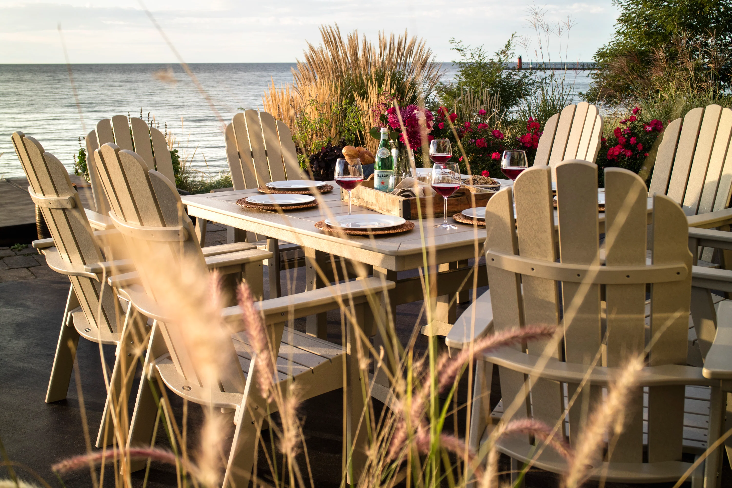 Vineyard Curveback Adirondack 9-Piece Nautical Trestle Dining Set - Image 15