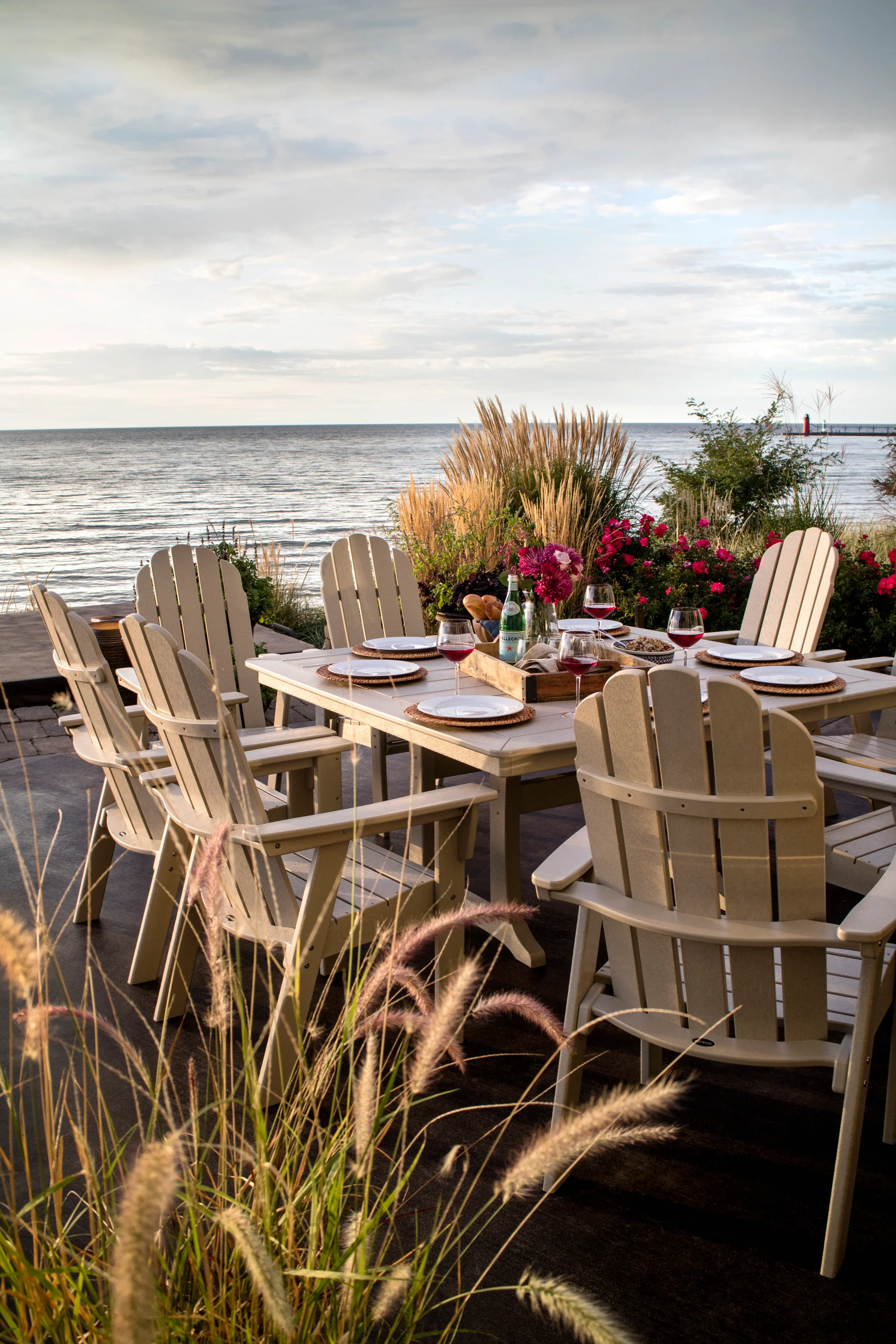 Vineyard Curveback Adirondack 9-Piece Nautical Trestle Dining Set - Image 16