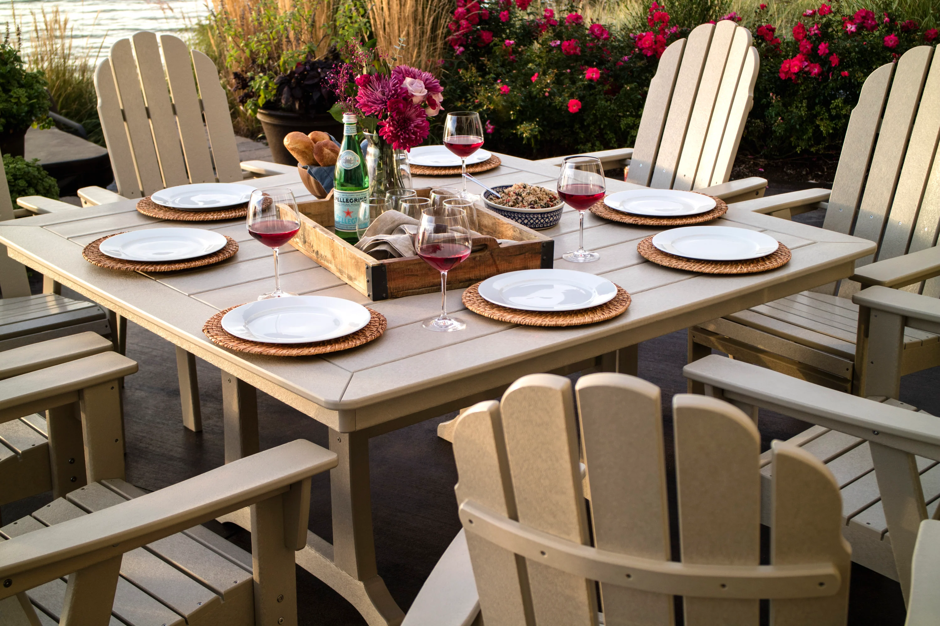 Vineyard Curveback Adirondack 9-Piece Nautical Trestle Dining Set - Image 17