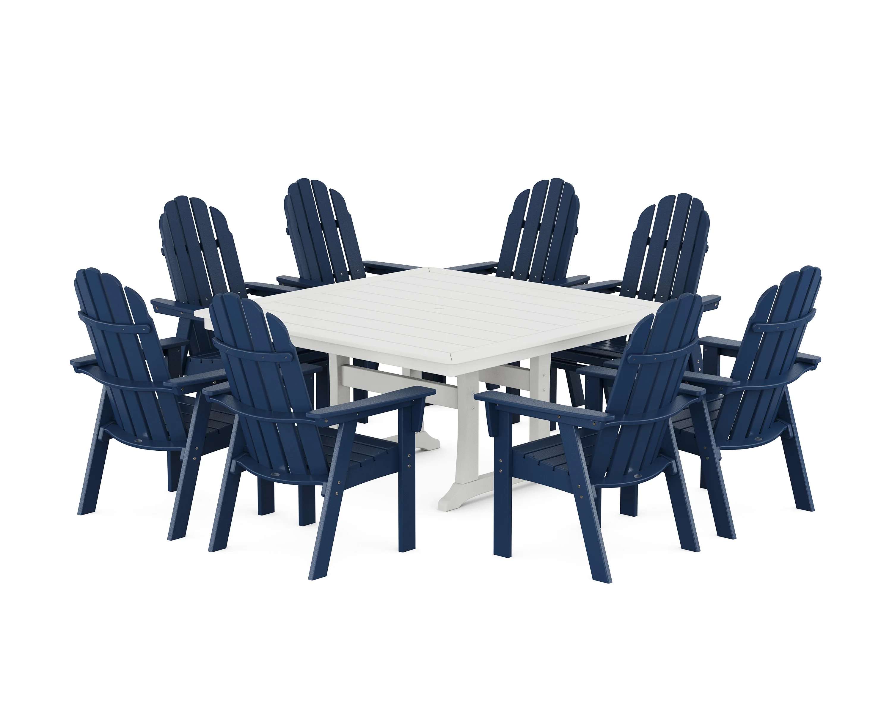 Vineyard Curveback Adirondack 9-Piece Nautical Trestle Dining Set - Image 20