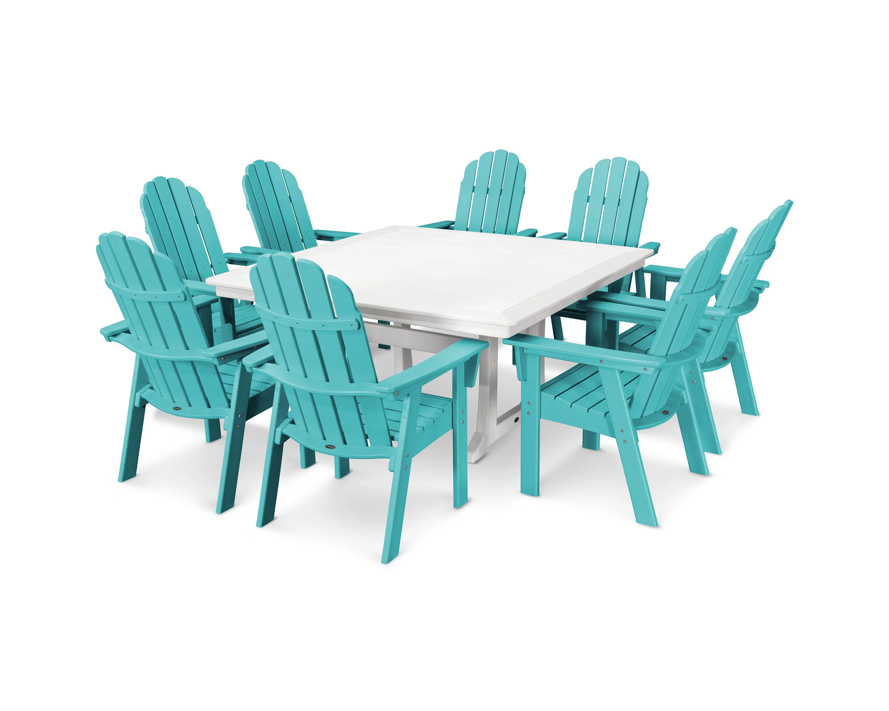 Vineyard Curveback Adirondack 9-Piece Nautical Trestle Dining Set - Image 26