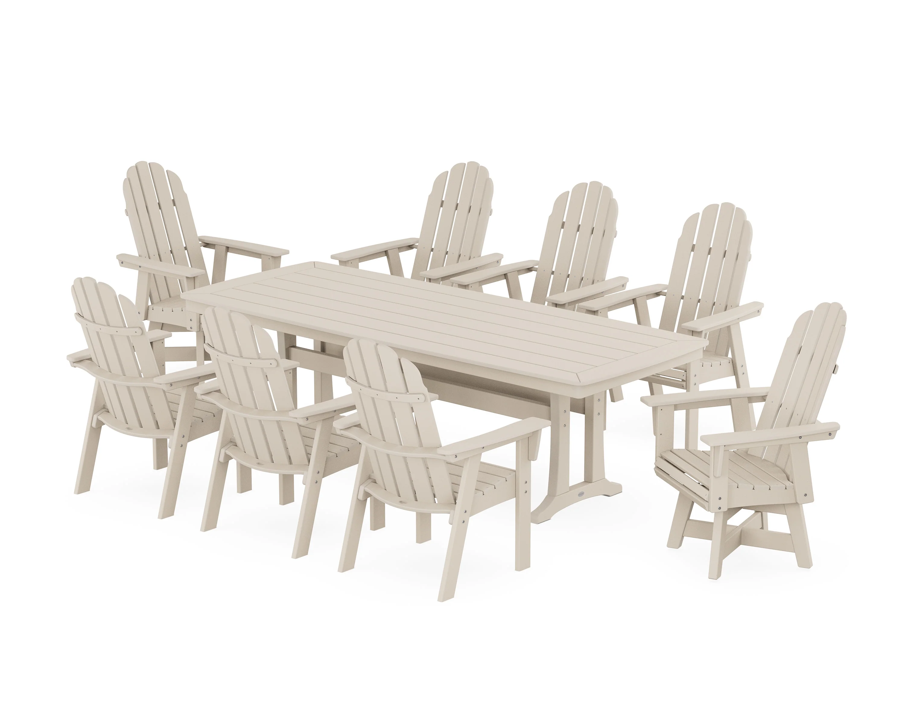 Vineyard Curveback Adirondack Swivel 9-Piece Dining Set with Trestle Legs - Image 11