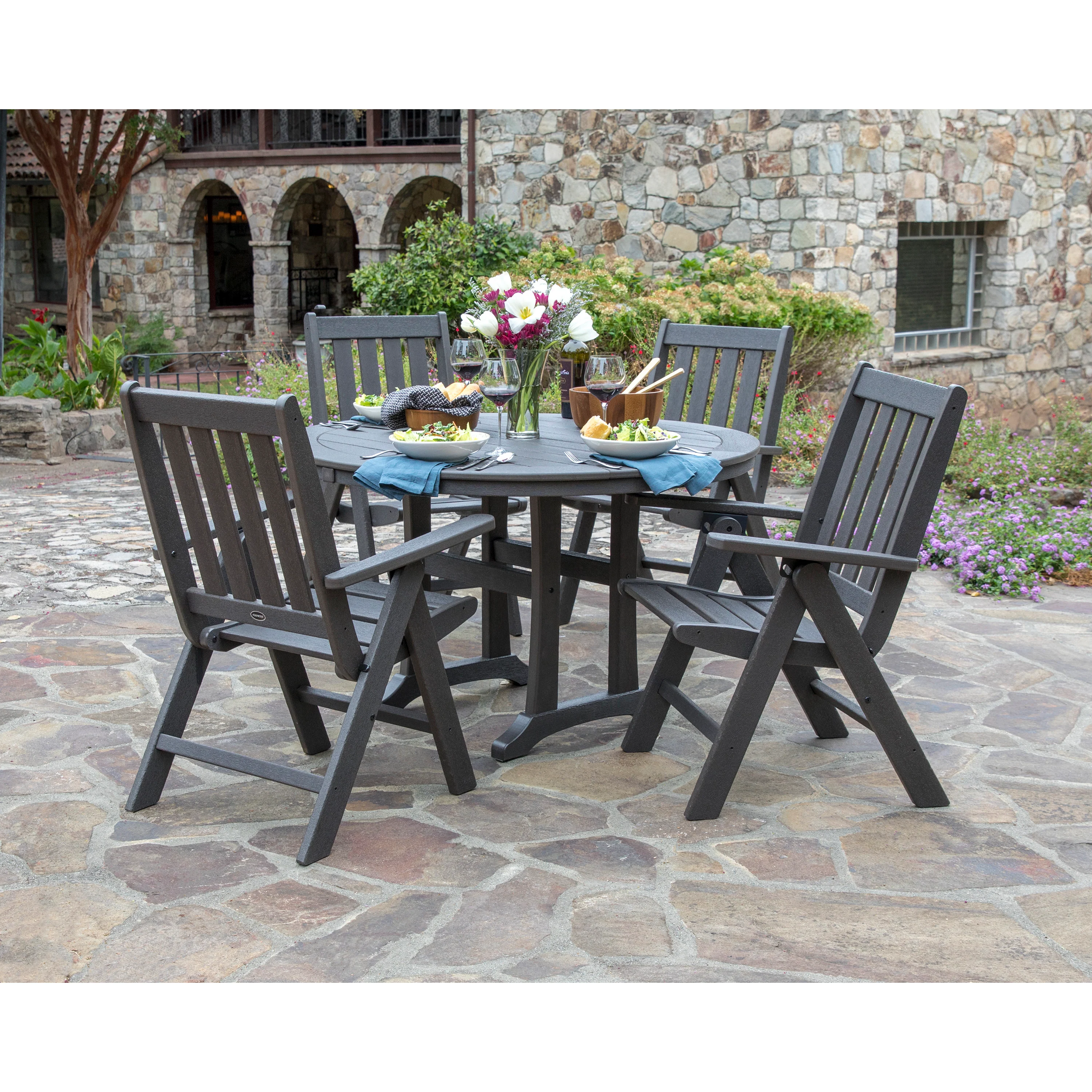 Vineyard Folding Chair 5-Piece Round Dining Set with Trestle Legs - Image 3