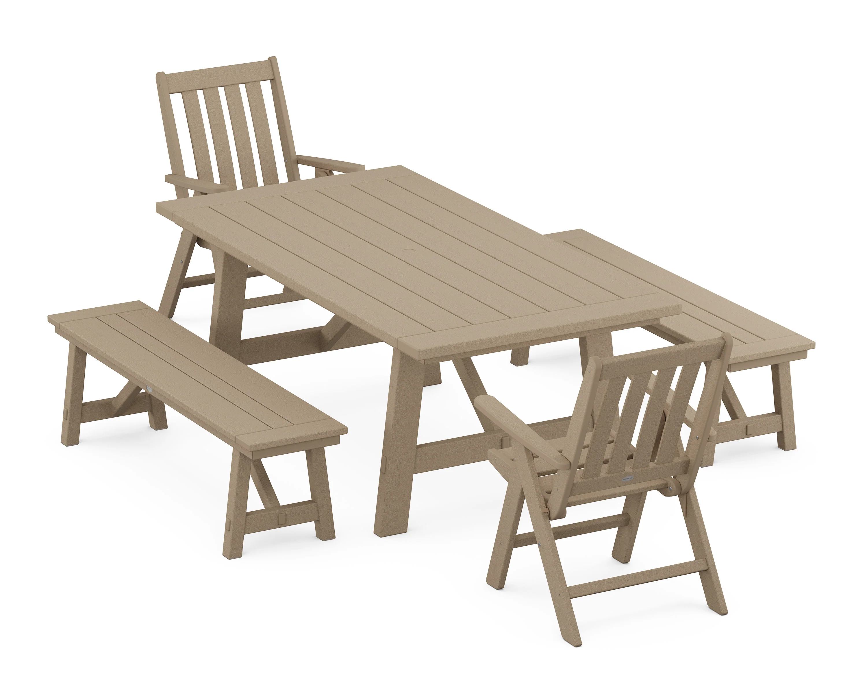 Vineyard Folding Chair 5-Piece Rustic Farmhouse Dining Set With Benches - Image 12