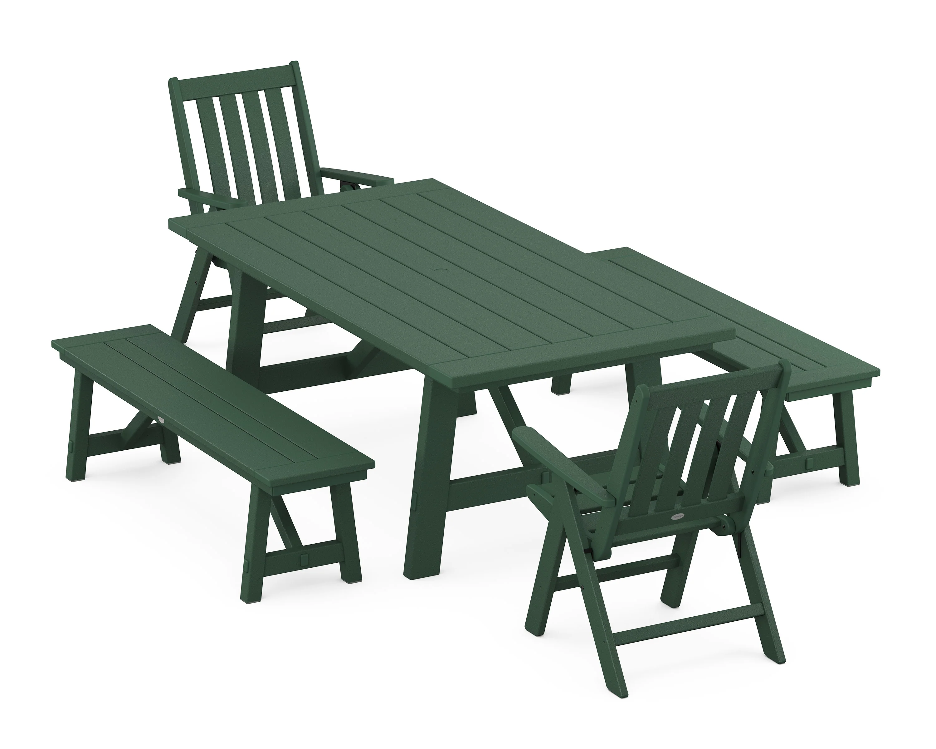 Vineyard Folding Chair 5-Piece Rustic Farmhouse Dining Set With Benches - Image 4
