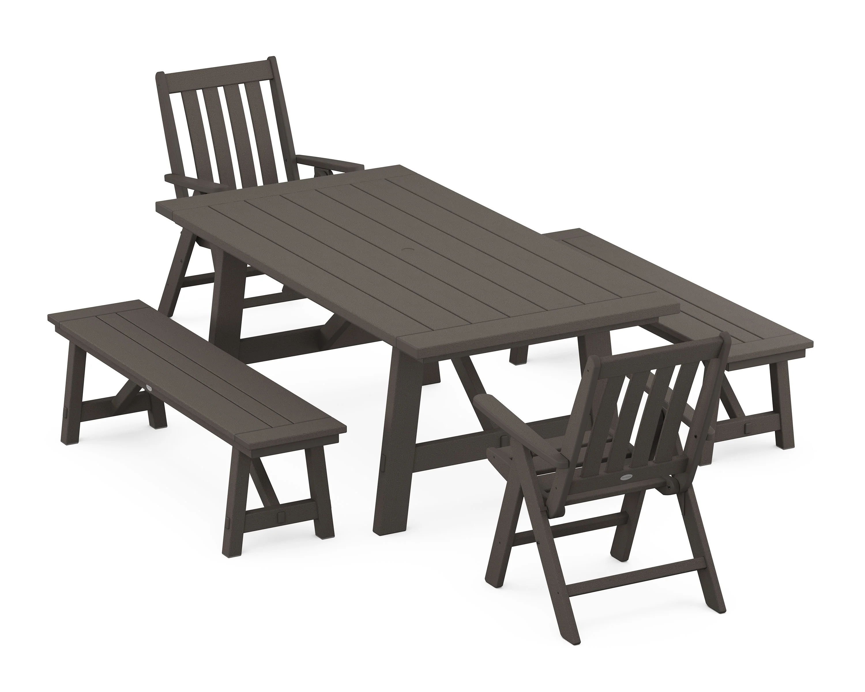 Vineyard Folding Chair 5-Piece Rustic Farmhouse Dining Set With Benches - Image 8